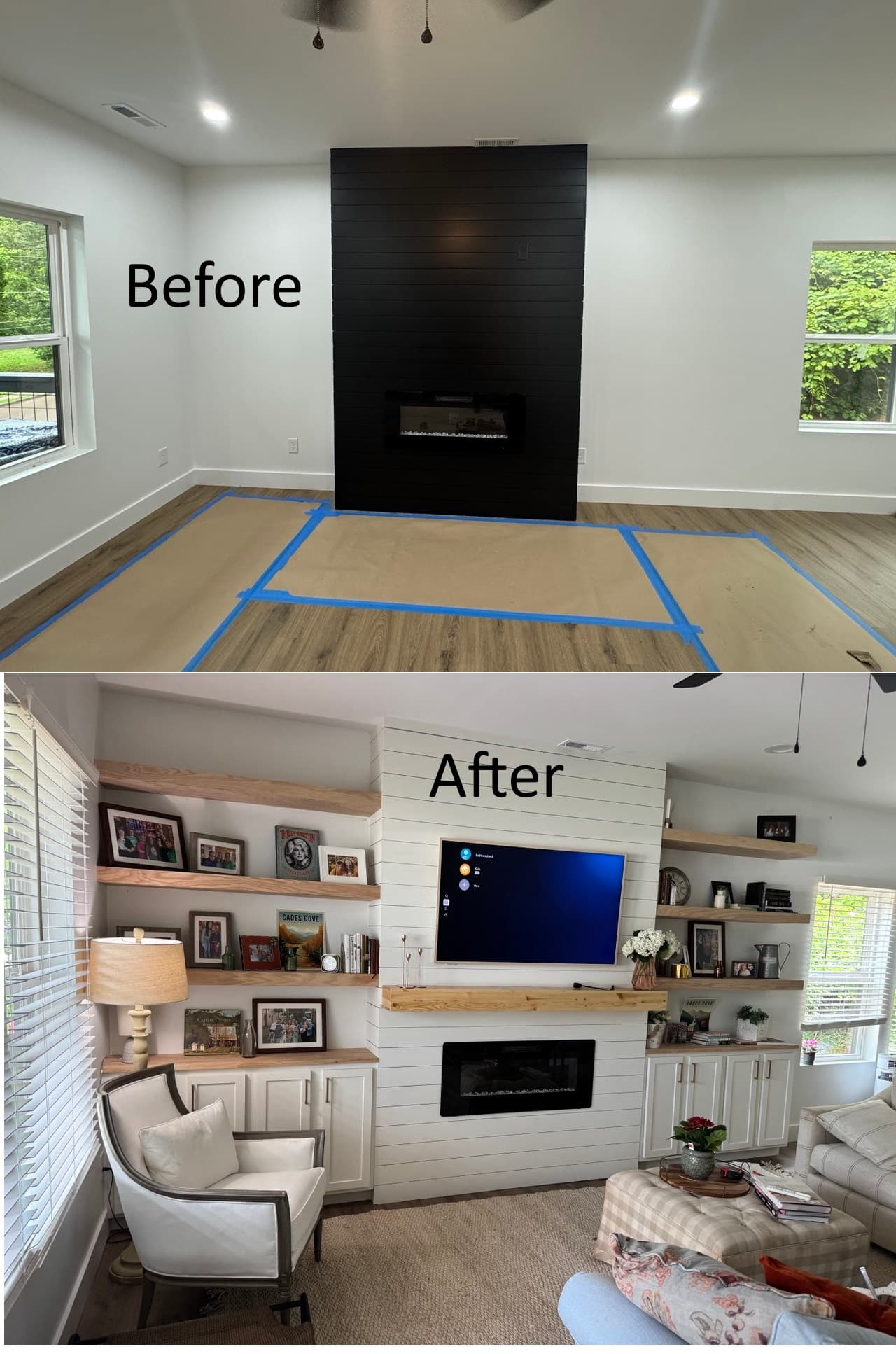 Before and after built-in floating shelves, cabinets, and shiplap mantel accent wall in Knoxville, TN