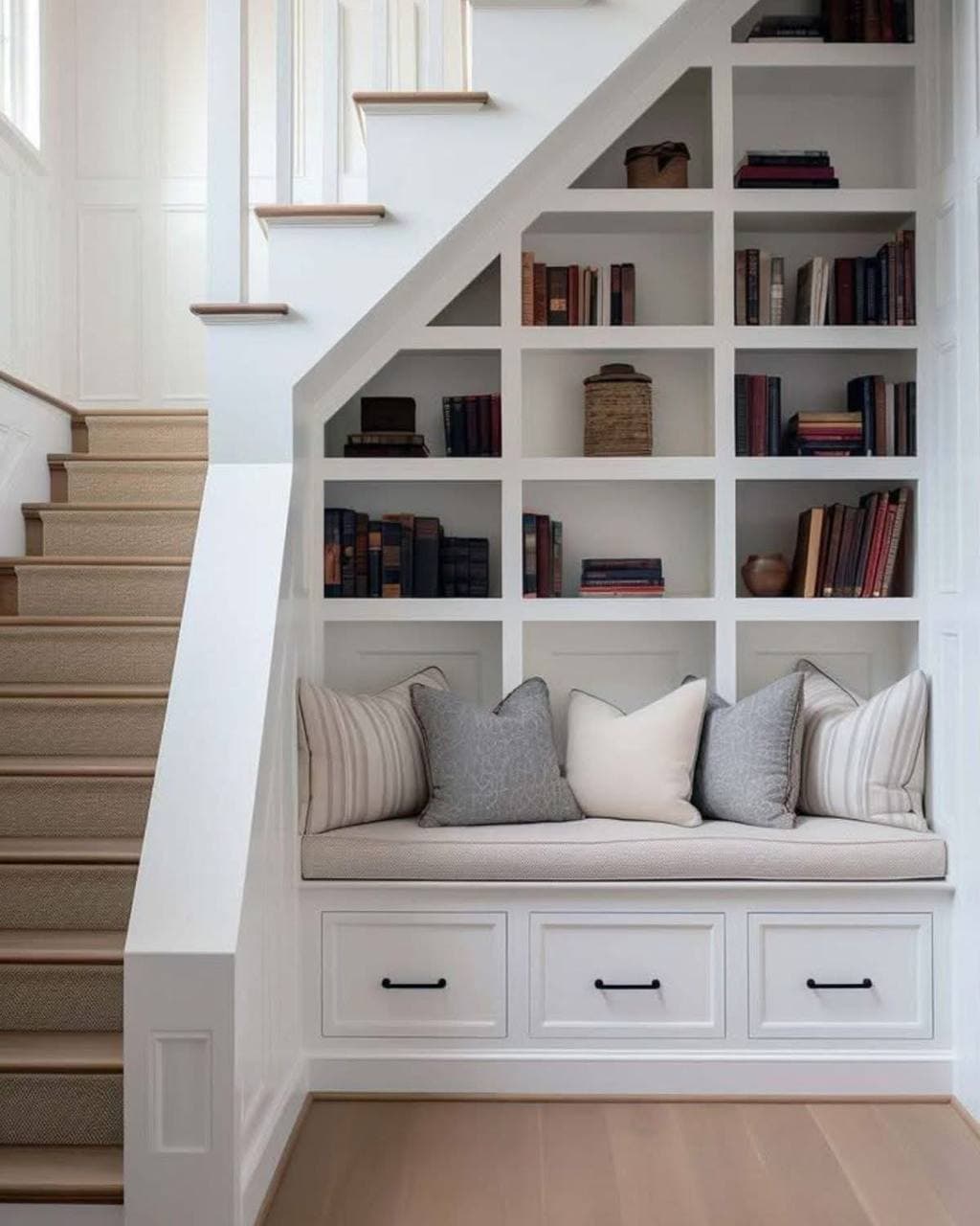 Built-in under-stairs bookshelves and shelving fit to an awkward space in Knoxville, TN